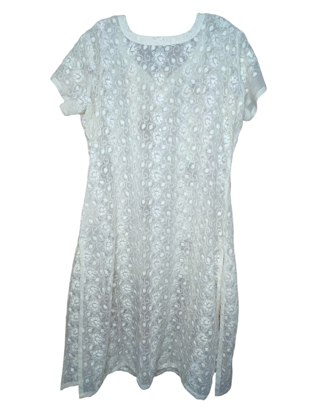 India Formal Kurti  Embroidered White Floral Short-Sleeve Tunic W/Sari - Picture 2 of 5